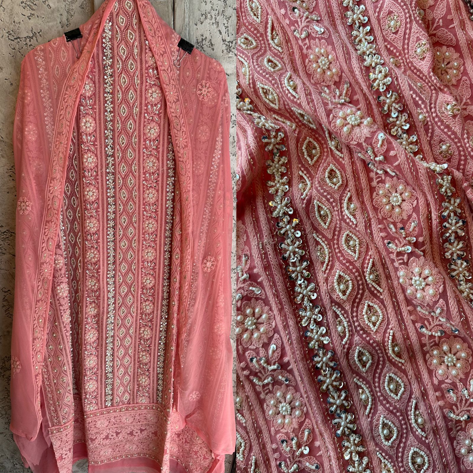 Pure Georgette Suits with Handwork done (Pearl work) with Pure chiffon embroidered Dupatta